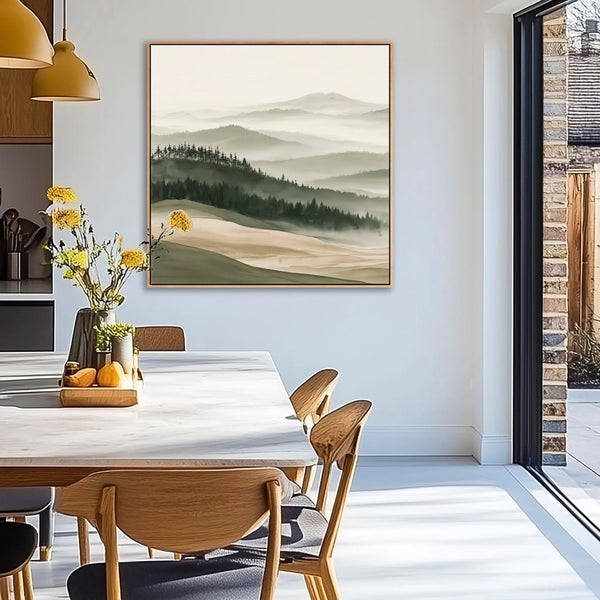 Tuscan Forest Framed Canvas Wall Art Sage Green Misty Landscape