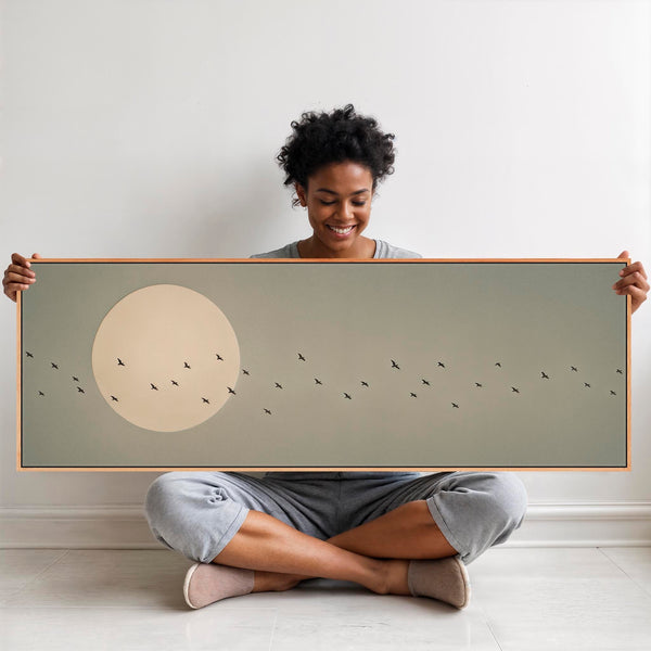 Sage Green Framed Canvas - Japandi Birds - Olive Tones