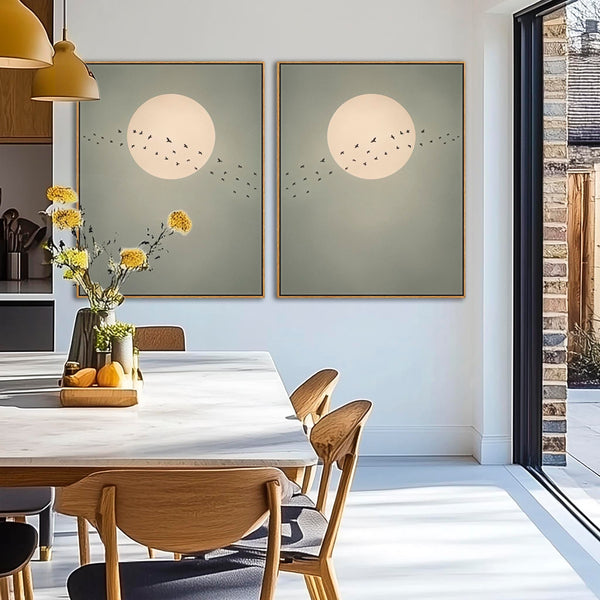 Framed Set of 2 Canvas Artwork Japandi Moon Birds - Migration
