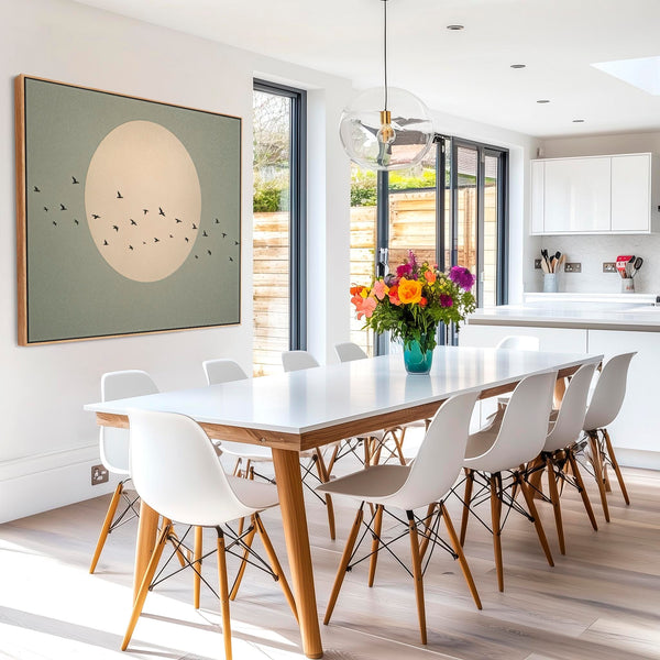Japandi Moon - Flight Birds - Framed Canvas - Sage Green
