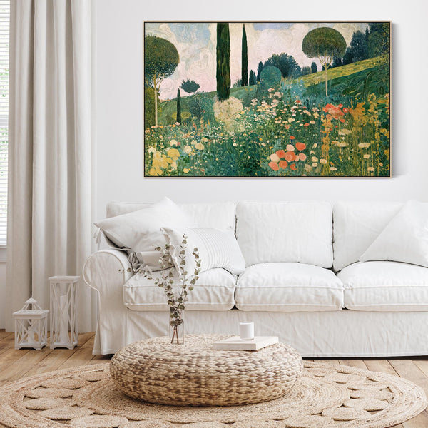 Gustav Klimt Inspired Summer Meadow Framed Landscape Canvas Art