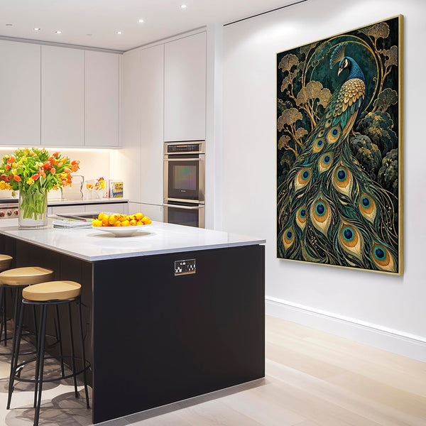 Opulence - Teal & Gold Peacock - Art Nouveau Framed Wall Canvas