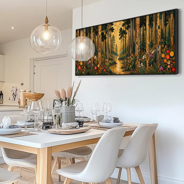 Wide Gustav Klimt inspired Framed Canvas Art - Colourful Forest