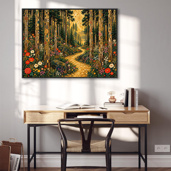 Large Gustav Klimt inspired Framed Canvas - Golden Trees Path