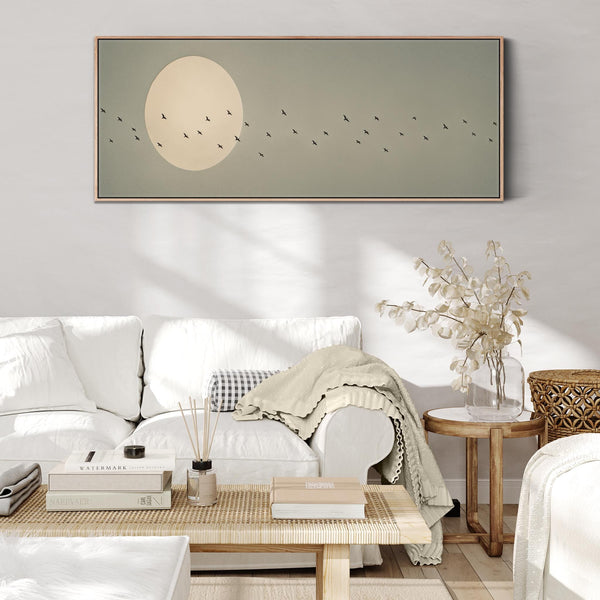 Sage Green Framed Canvas - Japandi Birds - Olive Tones