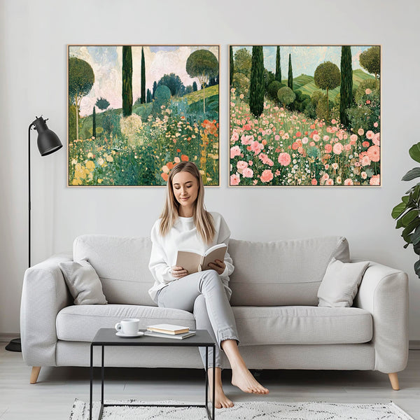 Extra Large Pair Gustav Klimt style Framed Landscape Canvas Art