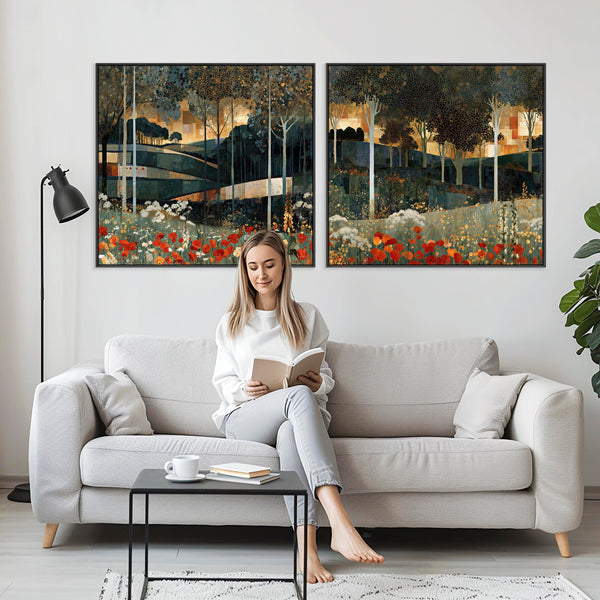 Extra Large Gustav Klimt Inspired Set 2 Framed Canvas - Poppies