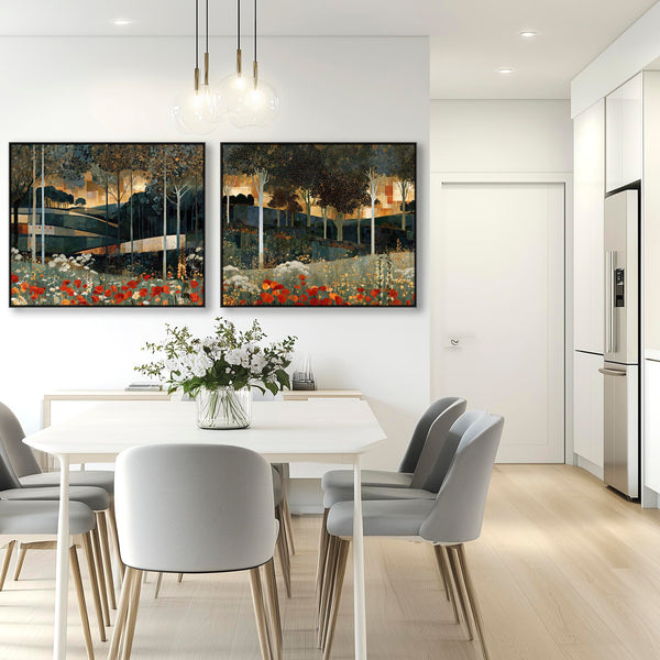 Extra Large Gustav Klimt Inspired Set 2 Framed Canvas - Poppies