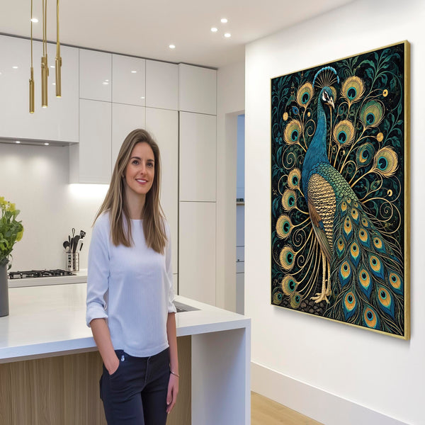 Regalia - Navy & Gold Peacock Framed Maximalist Canvas Artwork