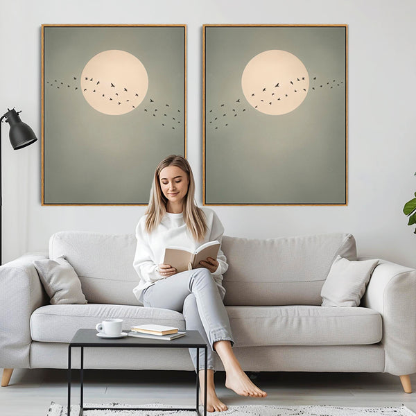 Framed Set of 2 Canvas Artwork Japandi Moon Birds - Migration