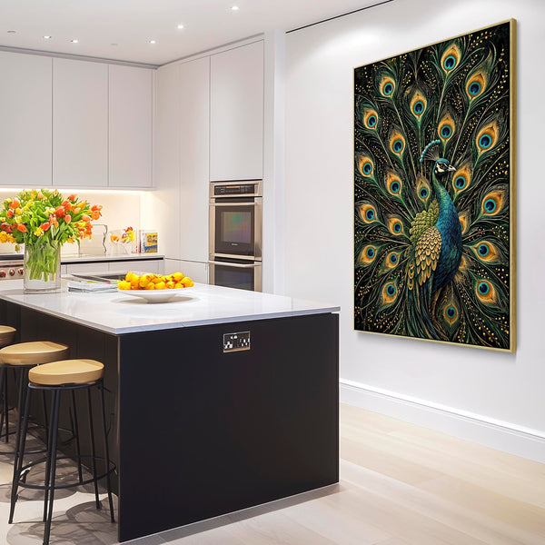 Splendid - Teal & Gold Peacock - Maximalist Framed Wall Canvas
