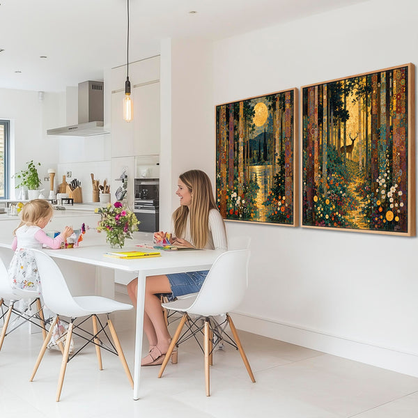 Set 2 Gustav Klimt inspired Framed Art Canvases Forest Pathway