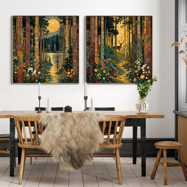 Set 2 Gustav Klimt inspired Framed Art Canvases Forest Pathway
