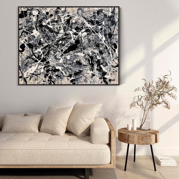 Abstract Living Room Framed Canvas Picture - Beige Black - Sway