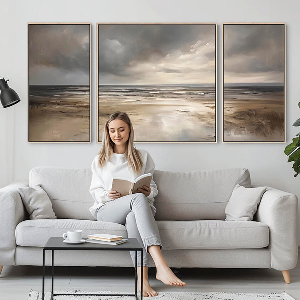 Extra Large Grey Neutral Set of 3 Framed Canvas Abstract - Dream Horizon