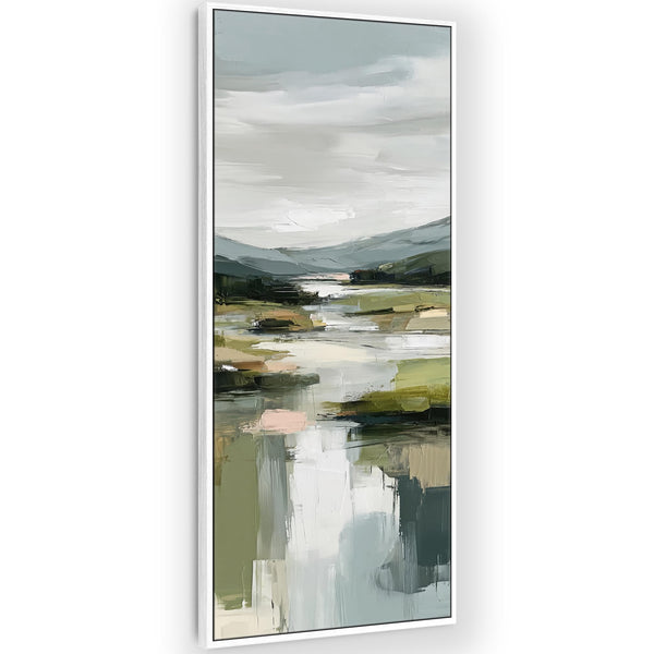 Tall Olive Green White Framed Vertical Wall Art - Quiet Loch
