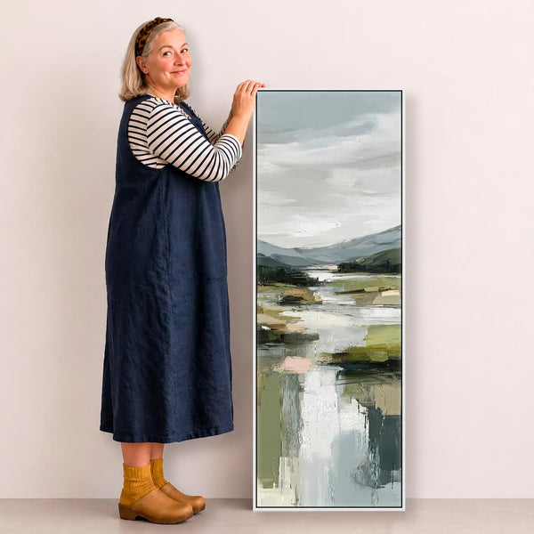 Tall Olive Green White Framed Vertical Wall Art - Quiet Loch