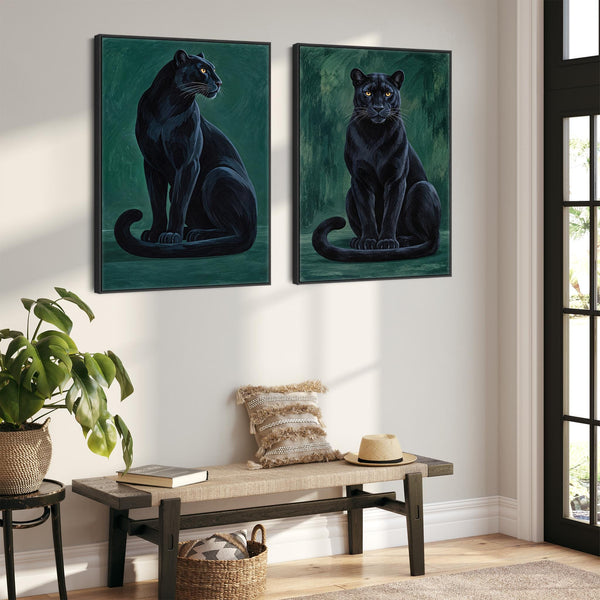 Guardians - Black Green Panthers - Framed Pair Canvases - Set 2