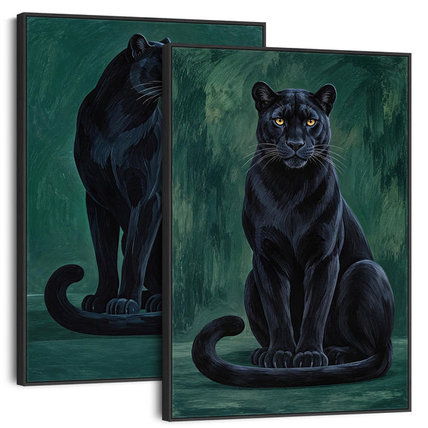 Guardians - Black Green Panthers - Framed Pair Canvases - Set 2