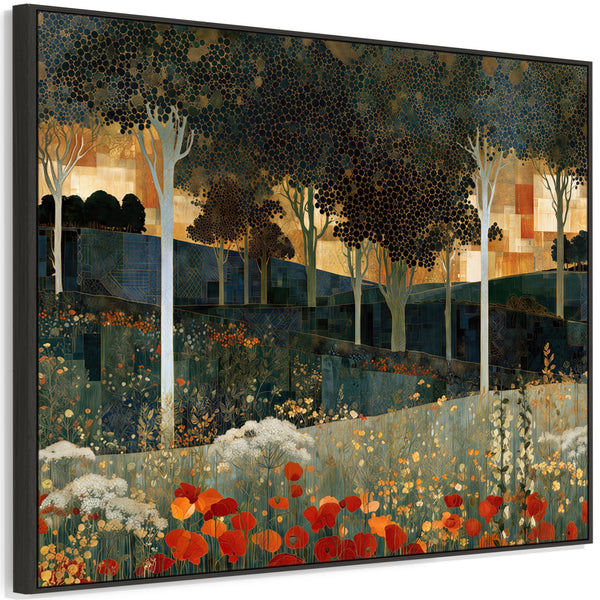 Green Teal Framed Canvas - Gustav Klimt Inspired Golden Forest