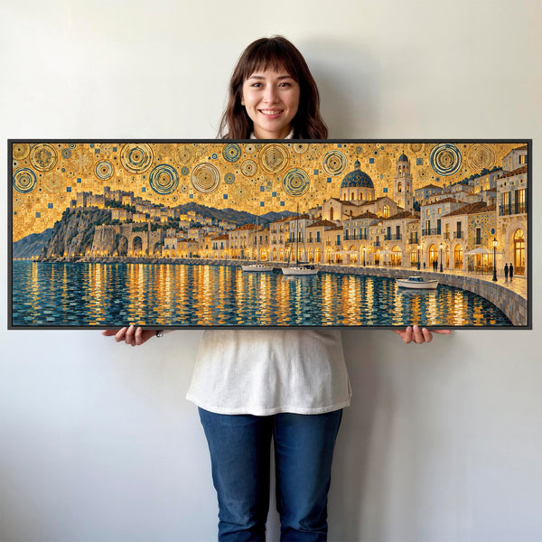 Wide Golden Yellow Blue Framed Canvas Gustav Klimt Harbour Glow