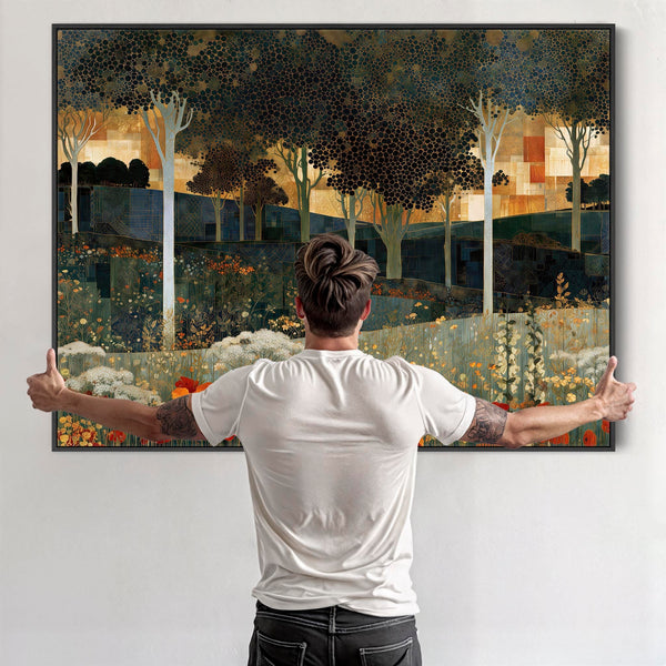 Green Teal Framed Canvas - Gustav Klimt Inspired Golden Forest