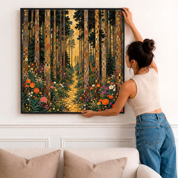 Forest Light Gustav Klimt inspired Framed Canvas - Green Gold