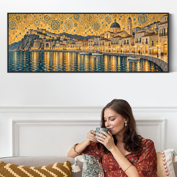Wide Golden Yellow Blue Framed Canvas Gustav Klimt Harbour Glow