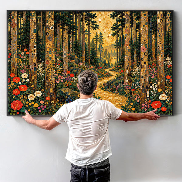 Large Gustav Klimt inspired Framed Canvas - Golden Trees Path