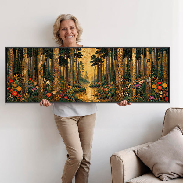 Wide Gustav Klimt inspired Framed Canvas Art - Colourful Forest