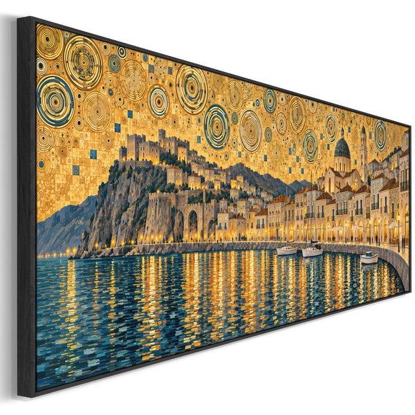 Wide Golden Yellow Blue Framed Canvas Gustav Klimt Harbour Glow