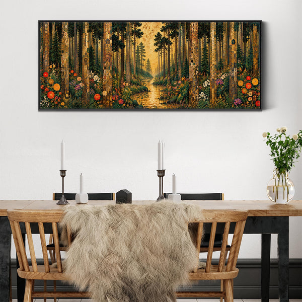 Wide Gustav Klimt inspired Framed Canvas Art - Colourful Forest