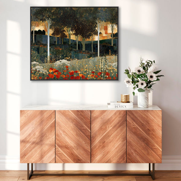 Green Teal Framed Canvas - Gustav Klimt Inspired Golden Forest