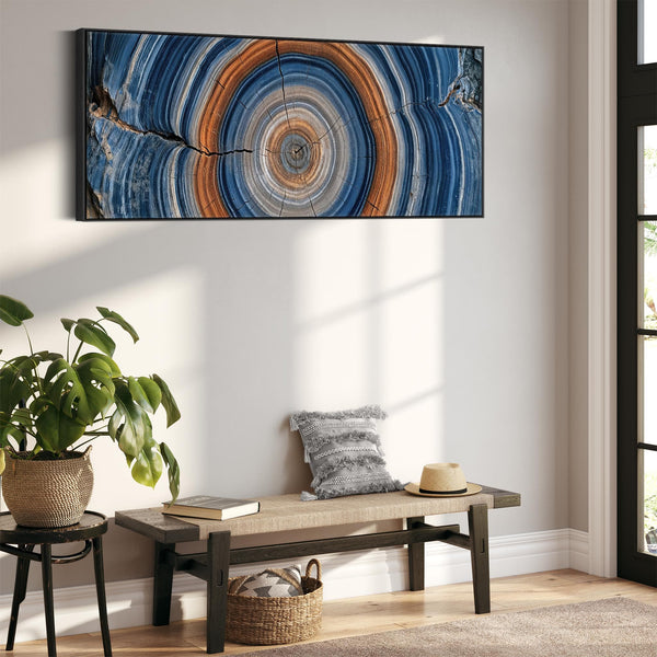 Wide Colourful Blue Tree Rings Framed Horizontal Canvas Art