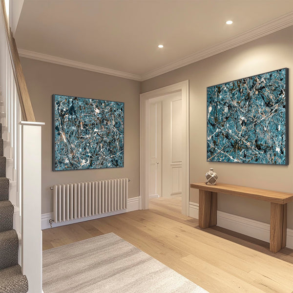 Extra Large Teal Jackson Pollock Inspired Pair Framed Canvases