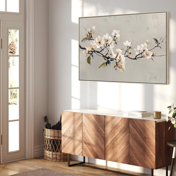 Neutral Cream Grey Framed Bedroom Wall Art over Bed - Spring