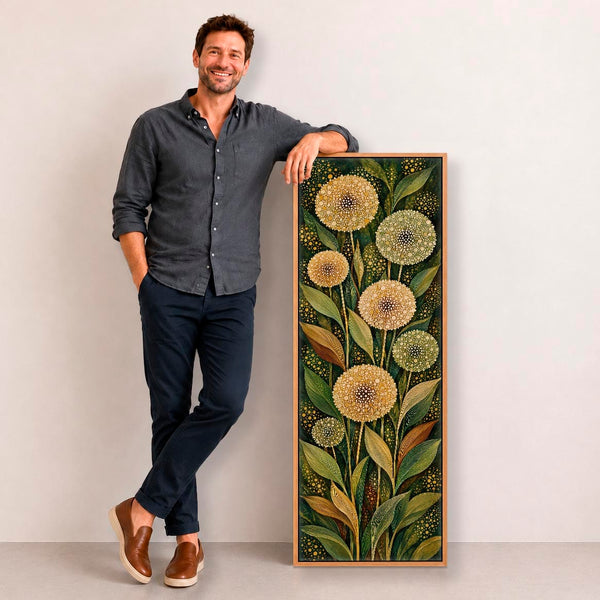Tall Hallway Framed Canvas - Green Cream Upright Art for Hall