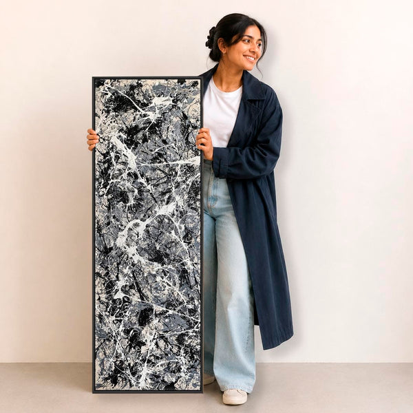 Tall Jackson Pollock Style Neutral Grey Framed Canvas - Havoc