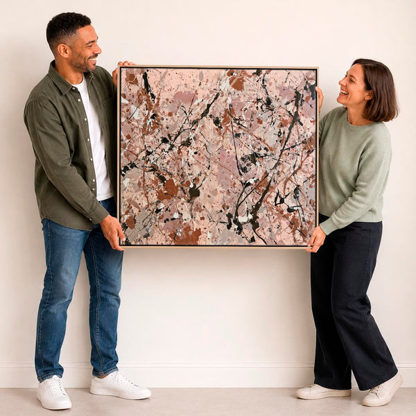 Framed Art for Living Room Lounge - Blush Jackson Pollock Style