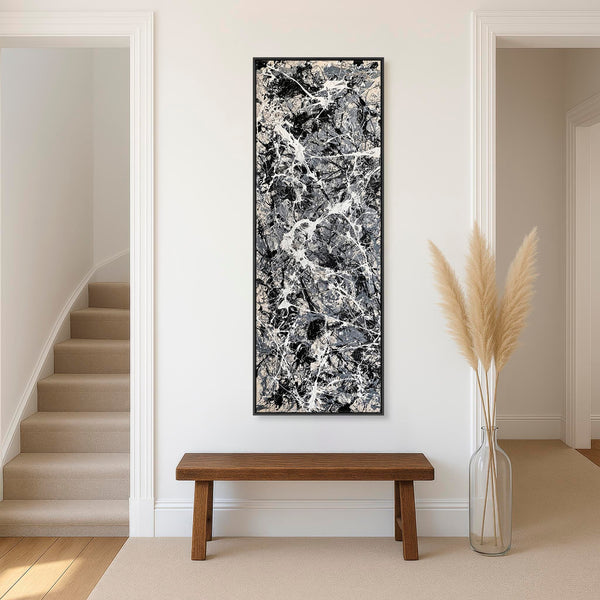 Tall Jackson Pollock Style Neutral Grey Framed Canvas - Havoc