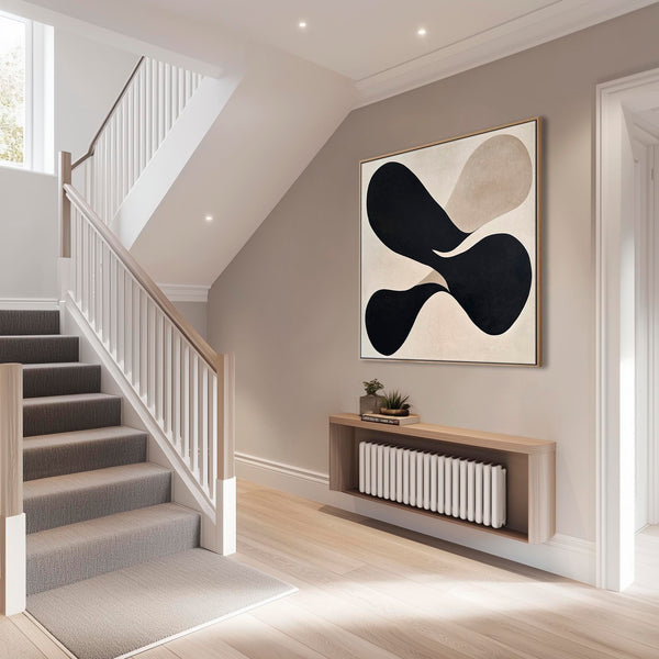 Large Hallway Beige Black Neutral Wall Art Framed - Symmetry Eclipse