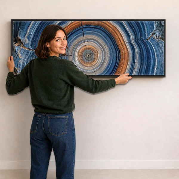 Wide Colourful Blue Tree Rings Framed Horizontal Canvas Art