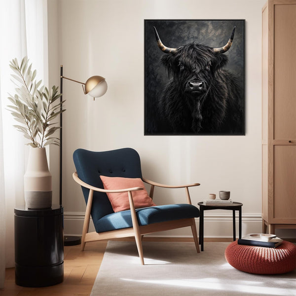 Hamish - Black and Cream Highland Cow - Framed Canvas Art Print