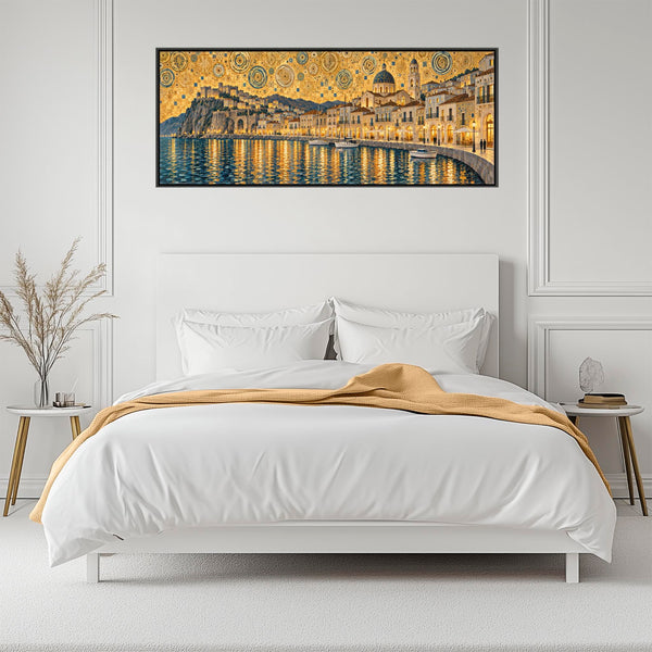 Wide Golden Yellow Blue Framed Canvas Gustav Klimt Harbour Glow