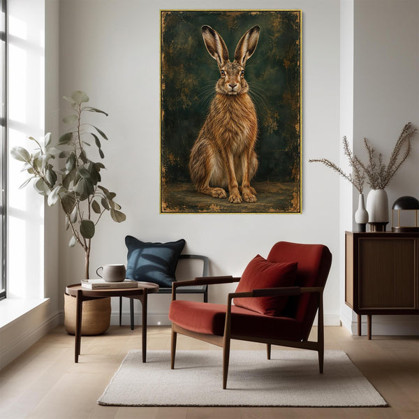 Brown Hare - Vintage Framed Emerald Green Canvas Wall Art - Mab