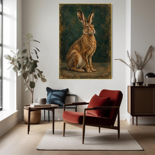Brown Hare - Framed Emerald Green Canvas Wall Art - Bramble