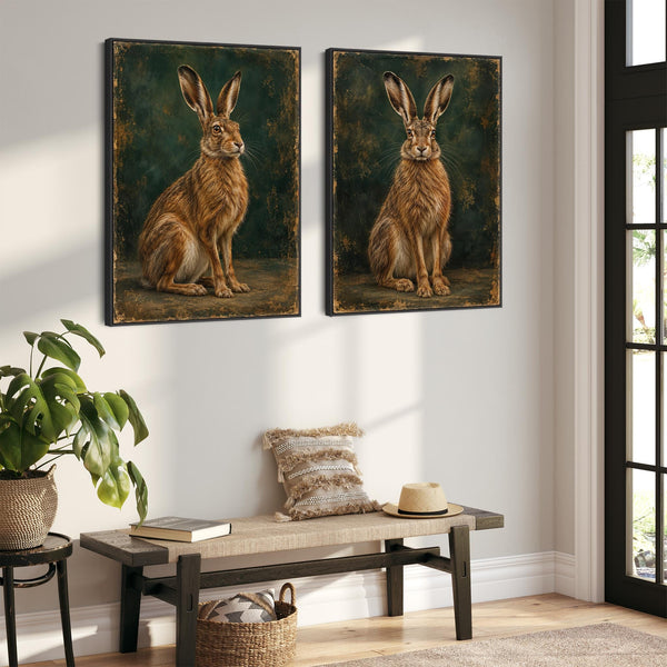 Brown Hares Framed Canvas Art Set of 2 - Waiting for Moonlight
