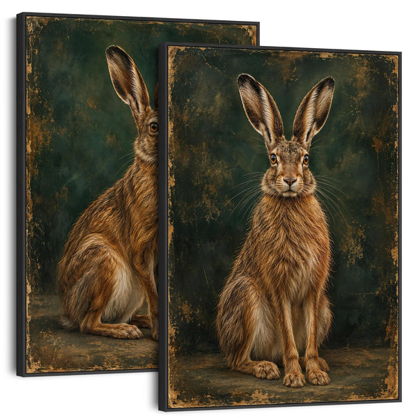 Brown Hares Framed Canvas Art Set of 2 - Waiting for Moonlight