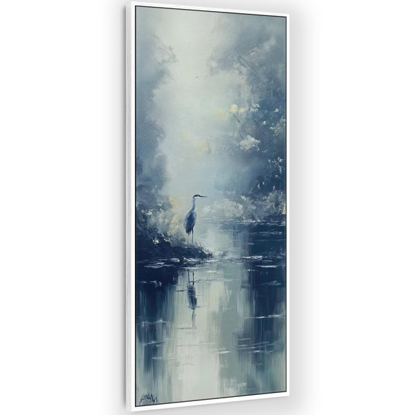 Tall Heron Bird Lake Framed Canvas Wall Art - Misty Blue Grey