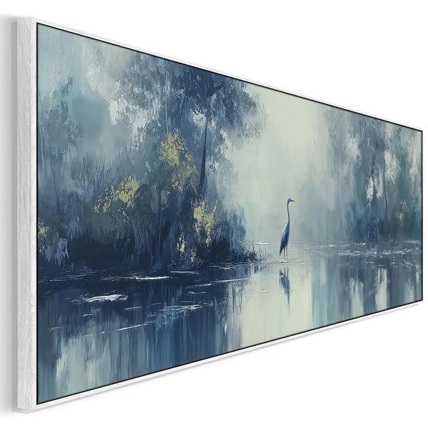 Wide Blue Grey Framed Long Canvas Art - Heron Lake - Solitude